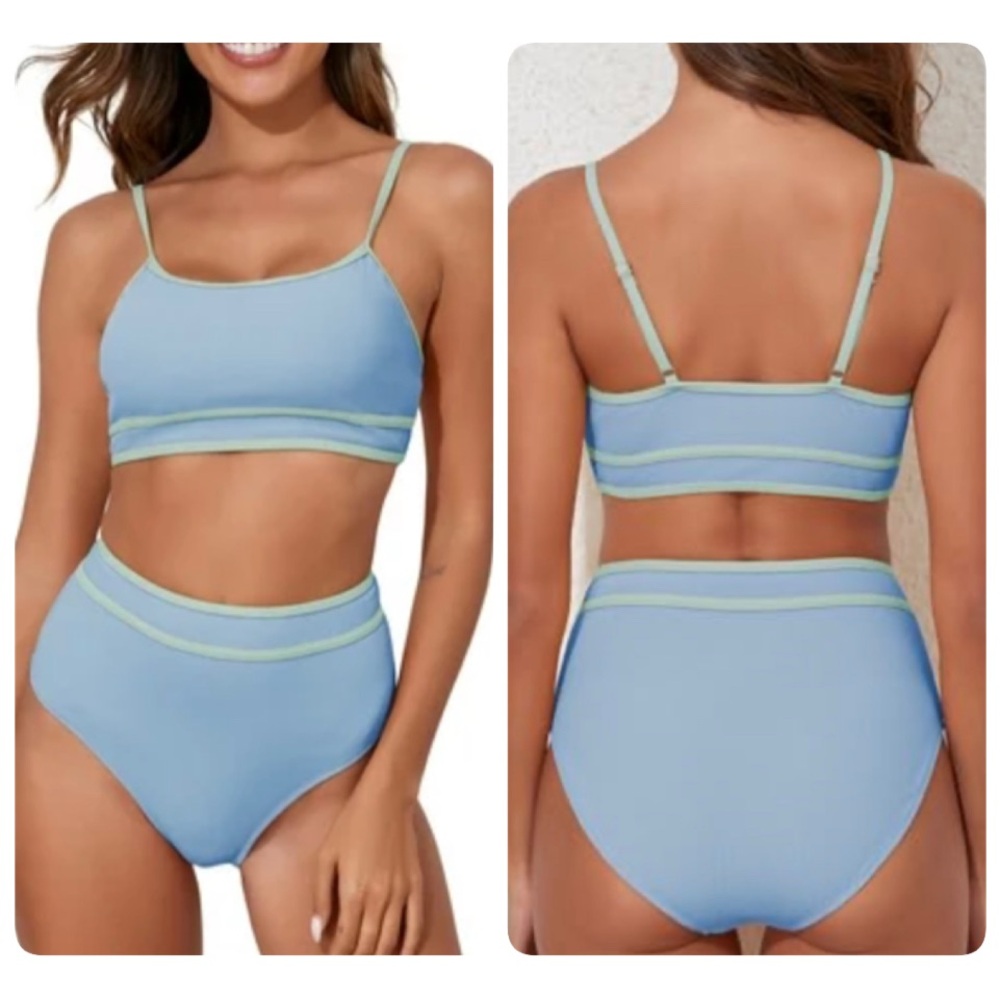 NWOT Ribbed Bikini Top and Bottom Light Blue Trimmed in Pale Green Set Size XL